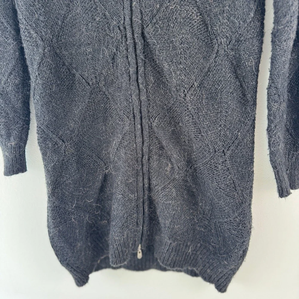 Black Alpaca Blend‎ Diamond Knit Full Zip Long Cardigan Sweater Soft S